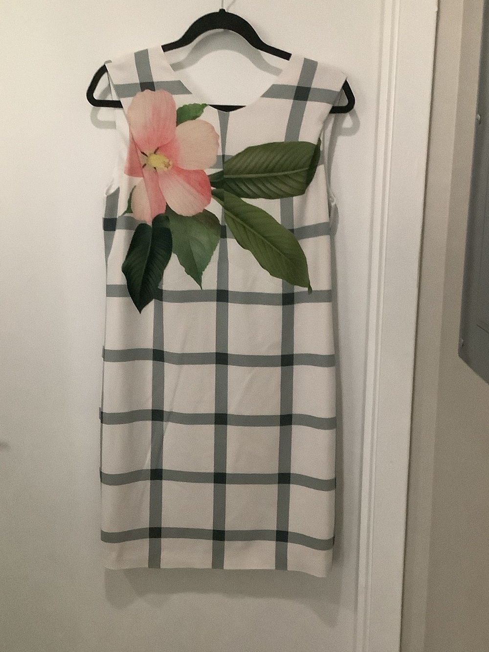 White Plaid Shift Dress with Pink Floral